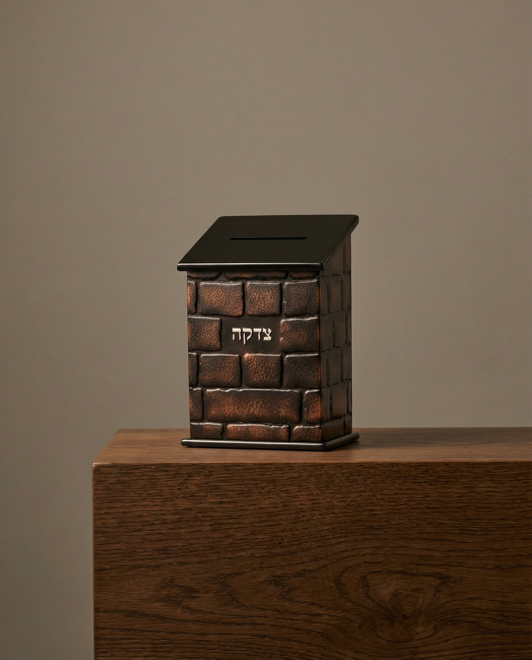 קופת צדקה עץ מהודרת עם פלקטה עור "כותל" 18 ס"מ 160₪