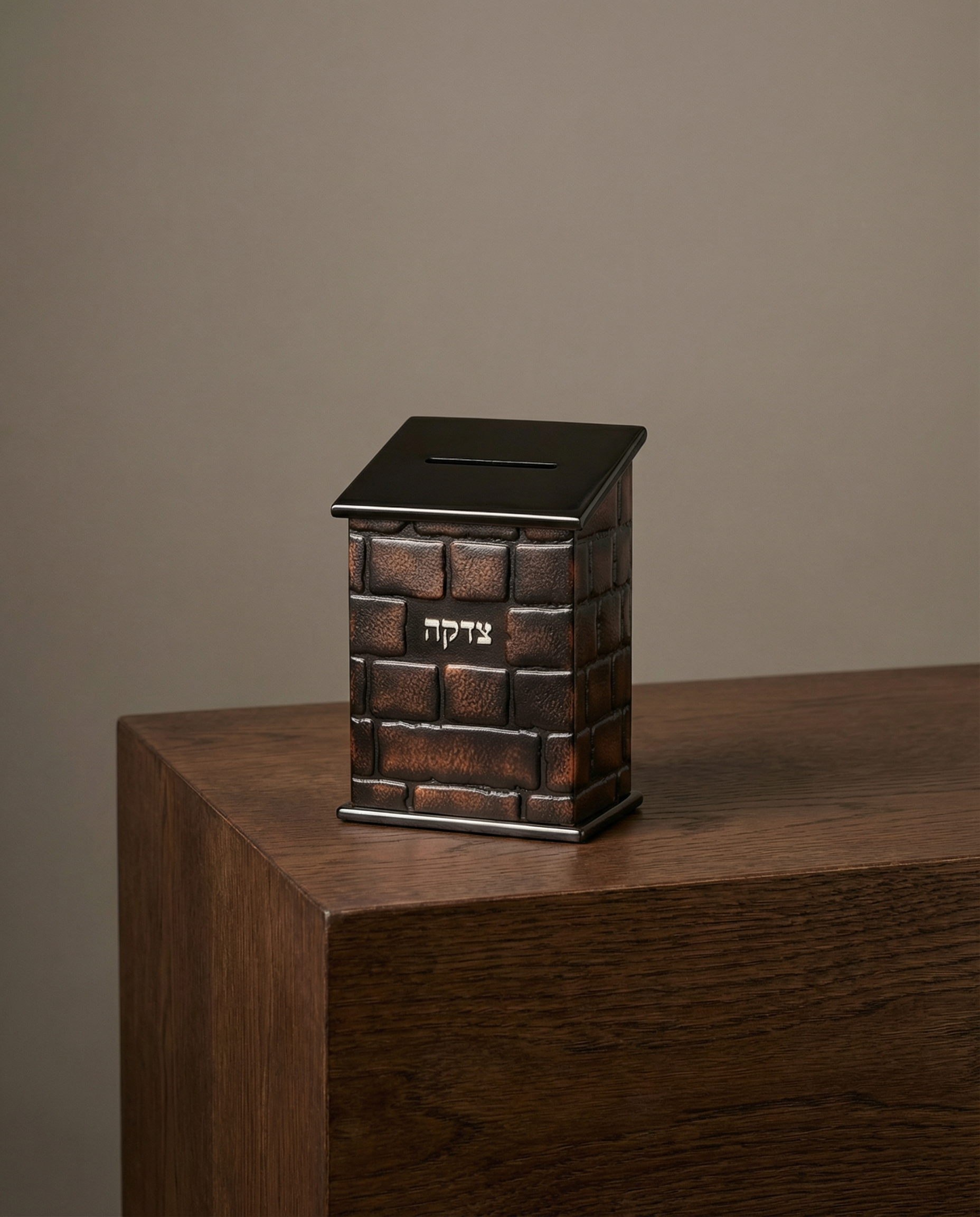 קופת צדקה עץ מהודרת עם פלקטה עור "כותל" 18 ס"מ 160₪