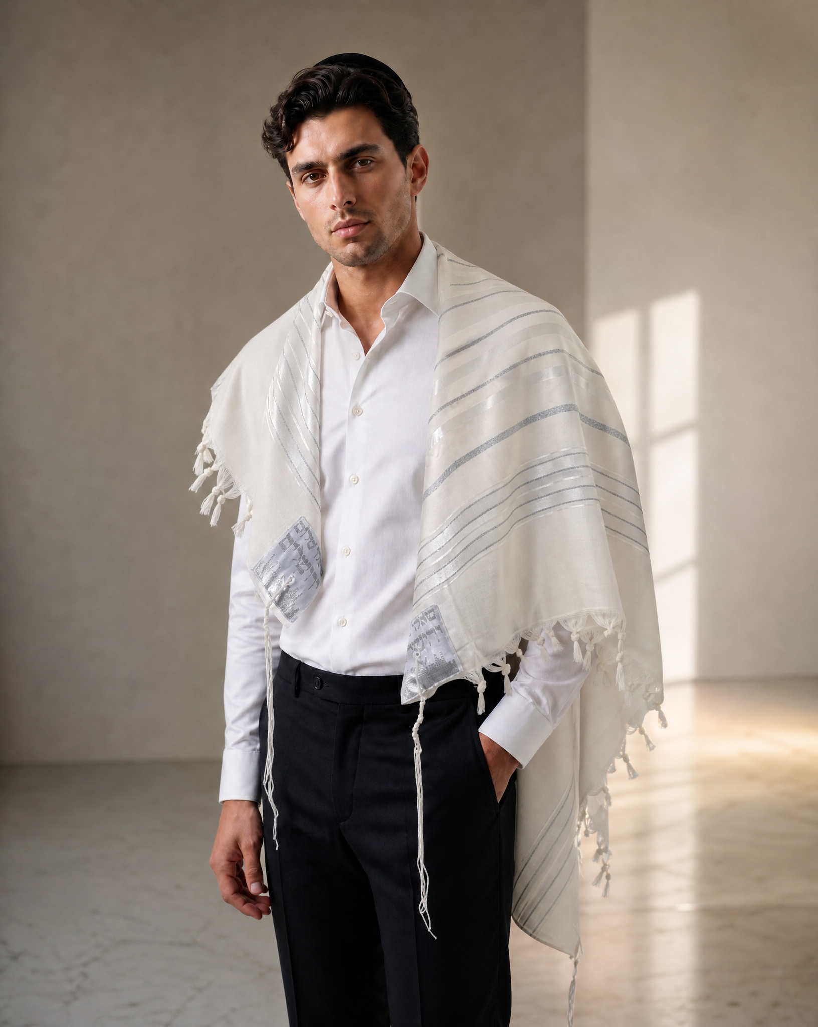טלית עשויה 100% צמר רחלים גוון לבן כסף